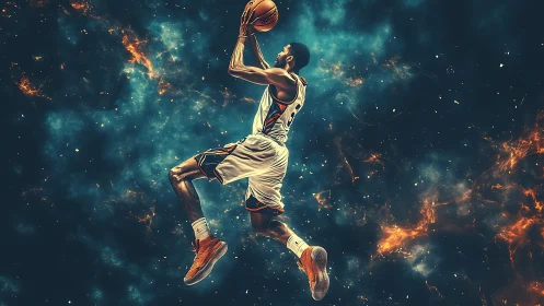 Basketball player midair layup against cosmic nebula particle field