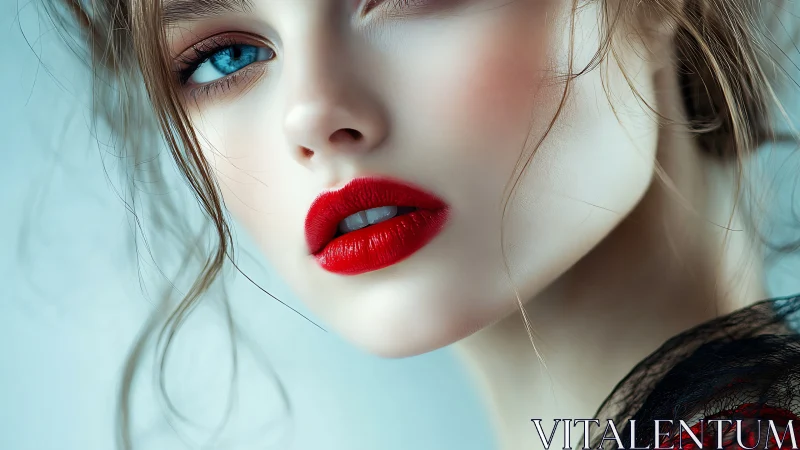 Digital close-up portrait with vivid red lips and blue eyes.