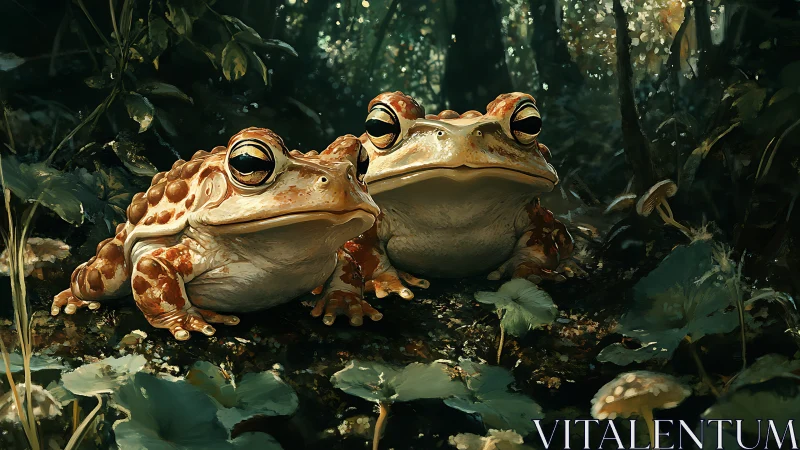 Digital painting of twin forest toads in lush chiaroscuro lighting.