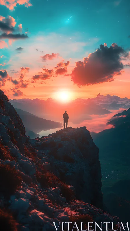 Lone figure observes surreal neon sunset above vast range