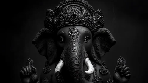 Monochrome 3D Ganesh bust with ornate high-relief detailing.
