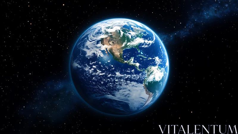 Earth from space glows against deep star field backdrop.