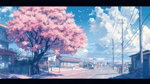 Urban street scene with cherry tree and overhead wires.