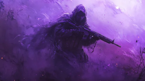 Hooded rifle soldier in dense purple atmospheric fog.