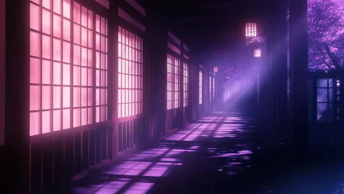 Neon lit shoji corridor with ethereal violet forest glow.