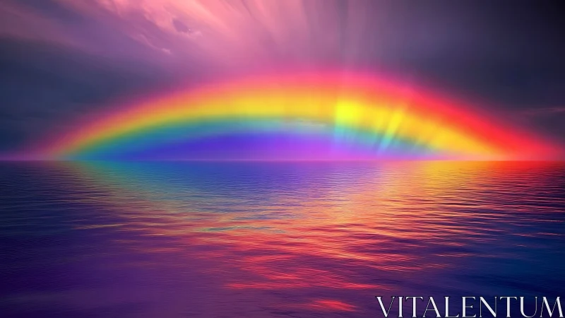 Digital painting seascape with prismatic horizon rainbow arc.