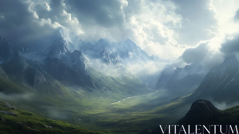 Mountainous valley under dense cloud cover with river channel.