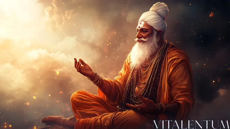 Elderly sage meditates in glowing celestial clouds