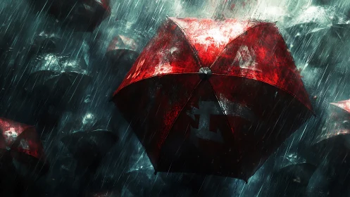 Stormlit red umbrellas drifting through a dramatic downpour.