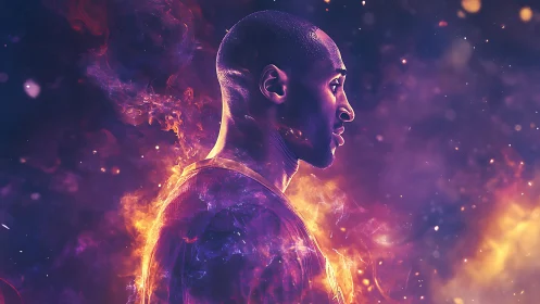 Digital painting profile portrait with luminous flame gradients.