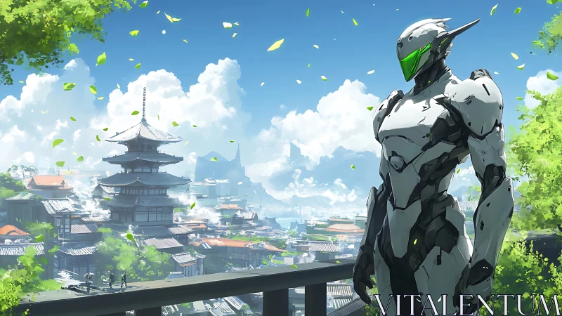Futuristic combat android overlooking sunlit neo-Japanese citadel