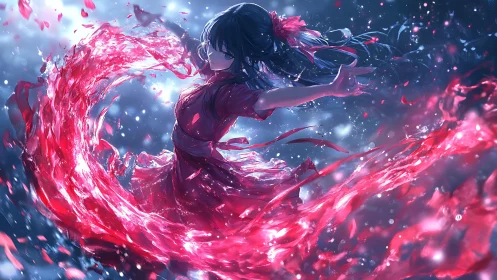 Girl in red dress commands swirling crimson energy wave