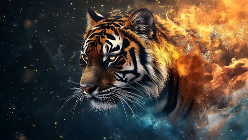 Cosmic tiger spirit glowing with fire and stardust calm.