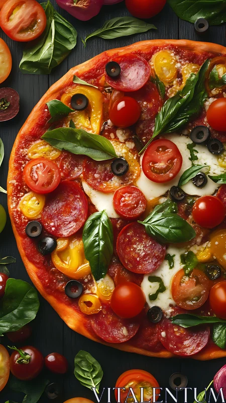 Gourmet pepperoni pizza with basil, cherry tomatoes, olives.