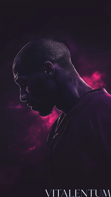 Profile silhouette of male figure in purple backlit haze.