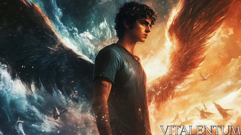 Winged boy holds the burning horizon between storm and flame