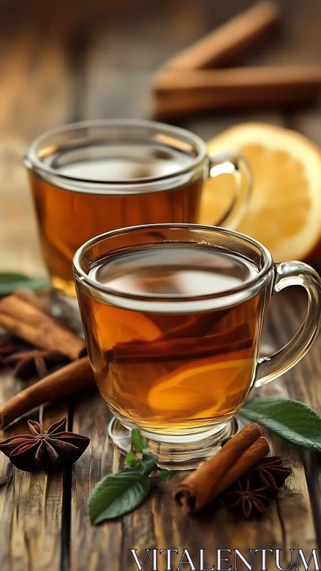Spiced tea duet glows with cinnamon warmth on rustic wood.