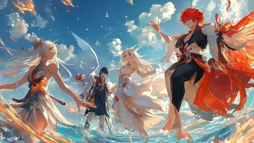 Celestial anime quartet wading through luminous ocean surf