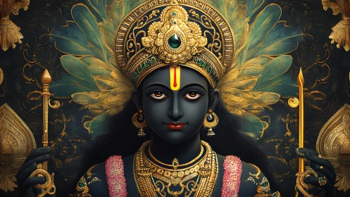 Digitally rendered Hindu deity with ornate gold adornment.