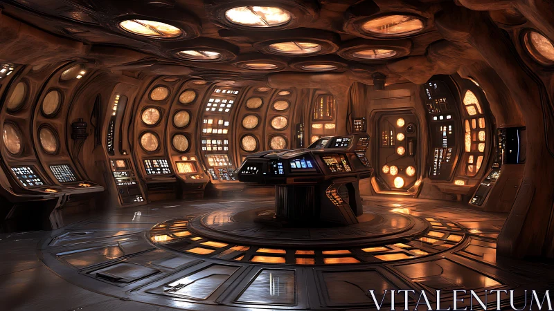 Futuristic starship control room with central command console.