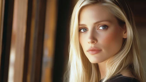 Blonde woman gazes toward camera beside sunlit window