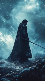 Lone warrior walks through a storm-lashed icy shoreline