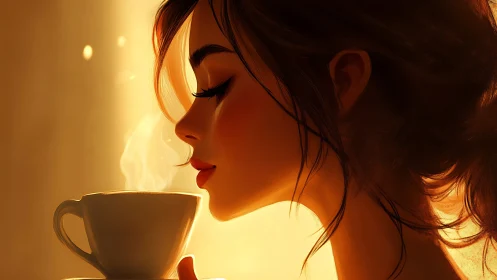 Profile view of woman with steaming cup in warm light.