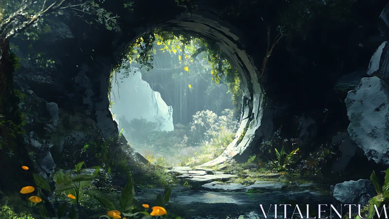 Circular stone tunnel opening onto lush sunlit forest.