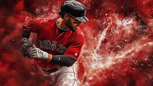 Baseball batter in red uniform amid abstract red background.