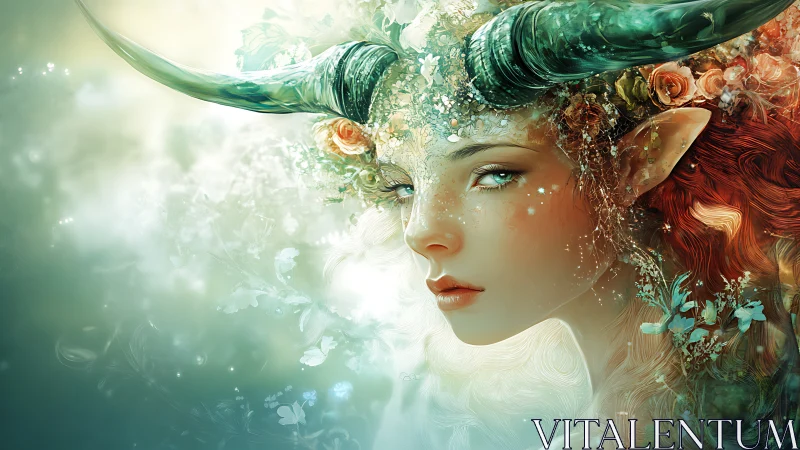 Forest horned nymph portrait in luminous floral aura.
