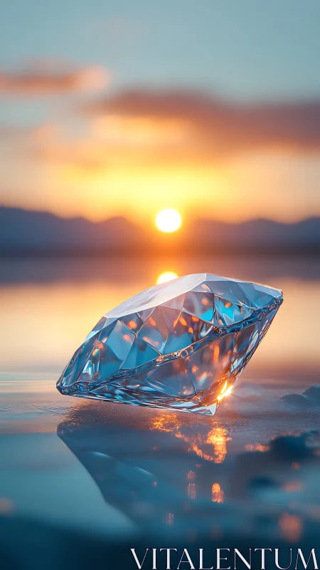 Faceted diamond on reflective surface at low sunset light.