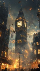 Clock tower city street under extensive fire and debris.