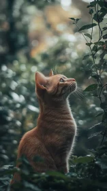 Ginger Feline Specimen Examining Foliage in Bokeh Garden Setting