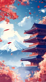 Pagoda with mountain backdrop among autumn foliage, vertical.