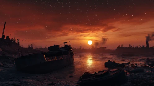 Rusting ships sink into a blood-red industrial sunset.