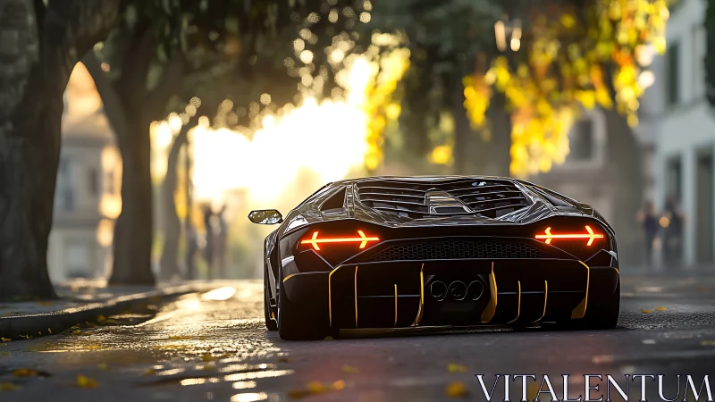 Sleek supercar glows at golden hour on a quiet city street