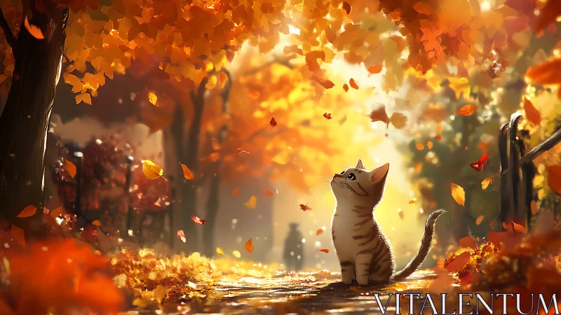 Curious Kitten Catching Autumn Leaves in Golden Light