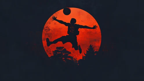 Silhouette basketball dunker against red moon sky.