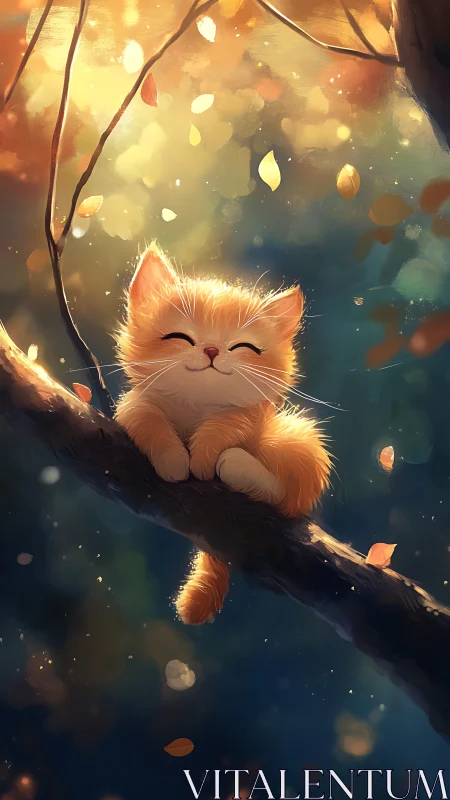 Happy Orange Cat Resting on Glowing Branch.
