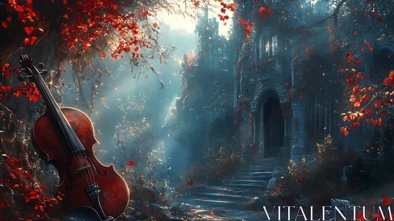 Violin rests before misty ruined castle amid red foliage