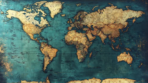 Vintage world map glows over distressed teal oceans.
