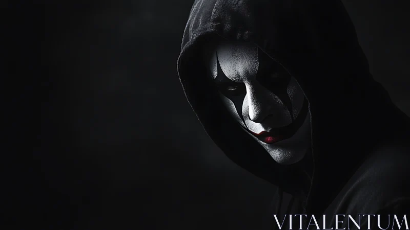 Hooded monochrome clown portrait in low key chiaroscuro lighting.