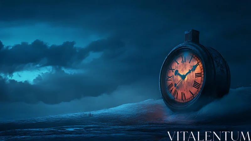 Large glowing clock buried in snow under storm clouds.