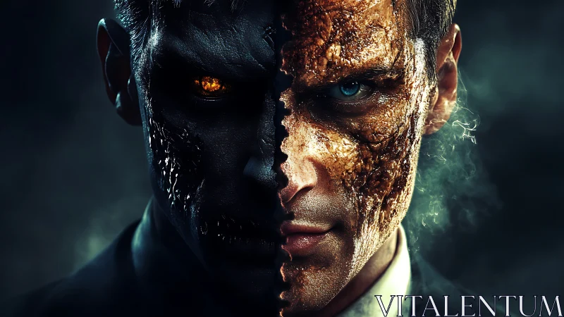 Dual-faced humanoid portrait reveals molten demonic core