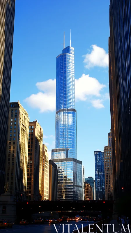 Glass skyscraper rises above sunlit city traffic at dusk