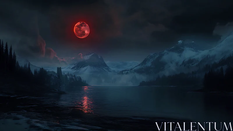Bloodlit moon crowns a haunted glacial valley at midnight