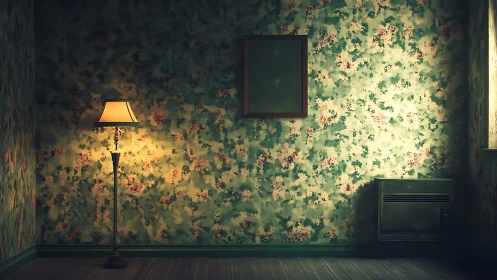 Vintage floral room interior with moody asymmetric lighting study