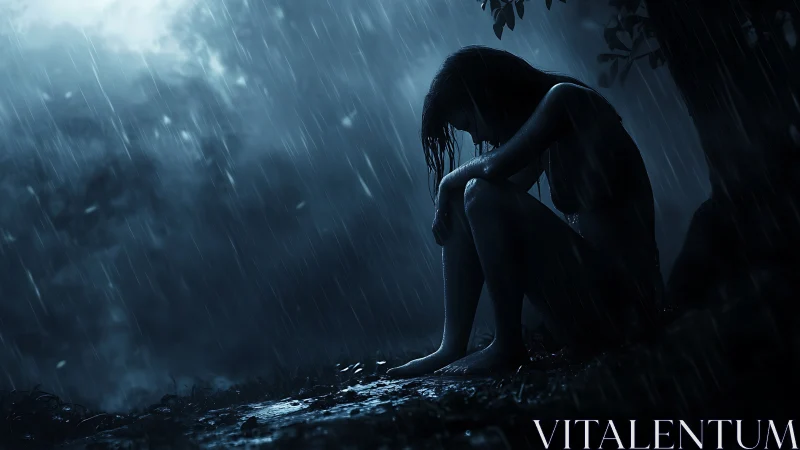 Silhouette of seated woman under heavy night rain