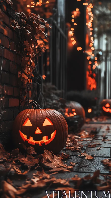 Glowing jack o lanterns line a leaf covered Halloween sidewalk