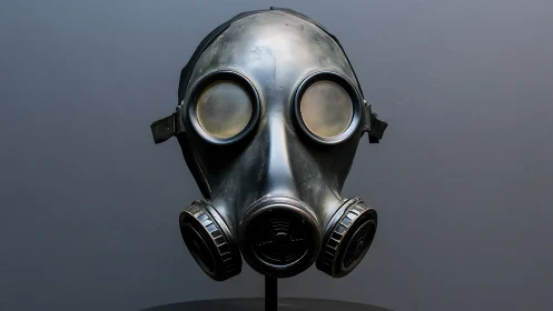 Full-face military gas mask with circular filter canisters.